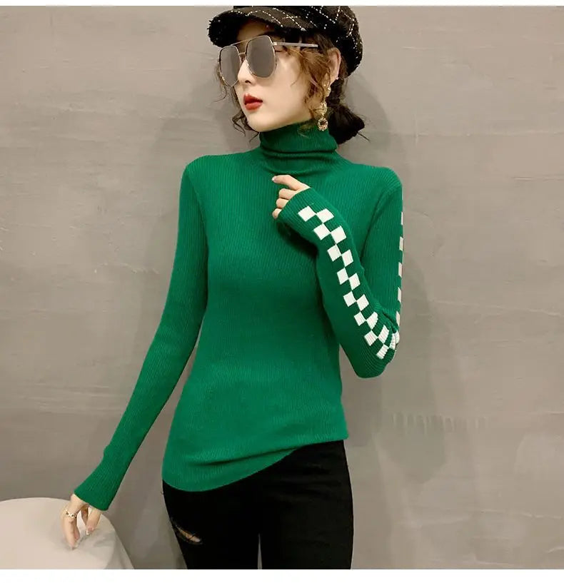 Pile Collar Plaid Bottoming Shirt Female New Autumn Winter Temperament All-match Sweater Interior Lapping Slim Turtleneck Tops