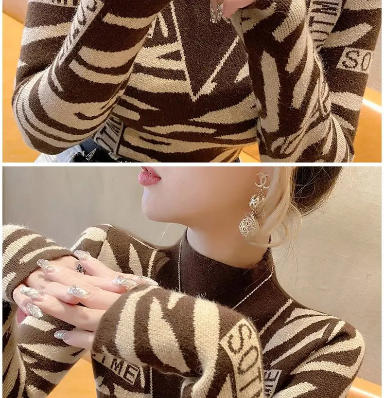 Autumn Office Lady Patchwork Knitting Turtleneck Long Sleeve Pullovers Women Clothes Fashion Letter Slim Top Tee Ladies Sweater