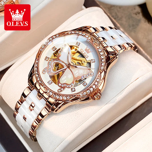 OLEVS 6622 Women's Watch Butterfly Dial Luxury Waterproof Mechanical Watch For Women Hollow Ceramic Strap Automatic Wristwatch