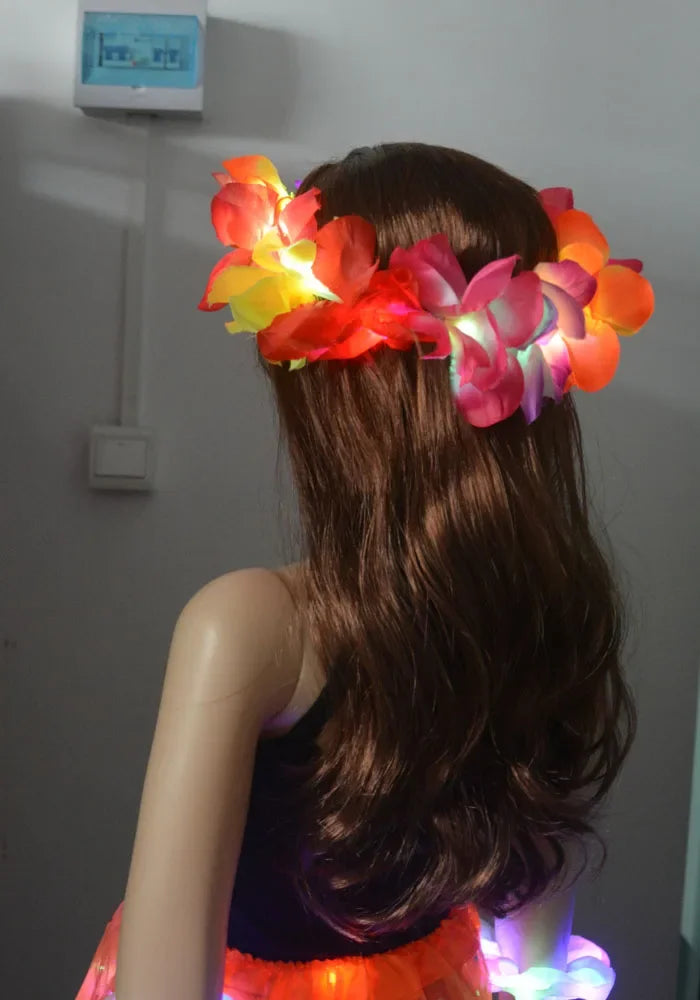 1pcs Women Girl LED Hawaii Hawaiian Lei Headband Glow Light Up Bridesmaids Bridal Flower Crown Wreath Birthday Wedding Party