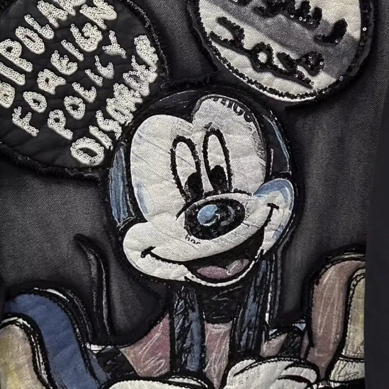 Autumn Winter Oversized Hoodie Vintage Hot Stamping Heavy Craft Mickey Patch Embroidery Hooded Long Sleeved Sweatshirt Kpop Tops