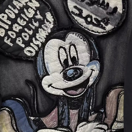 Autumn Winter Oversized Hoodie Vintage Hot Stamping Heavy Craft Mickey Patch Embroidery Hooded Long Sleeved Sweatshirt Kpop Tops