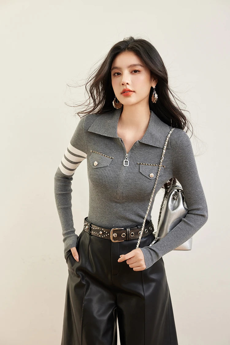 H Han Queen Spring Autumn Zipper Tops Slim Knitted Bottom Shirt Women's Sweater Striped  Casual Knitted Pullover Sweater