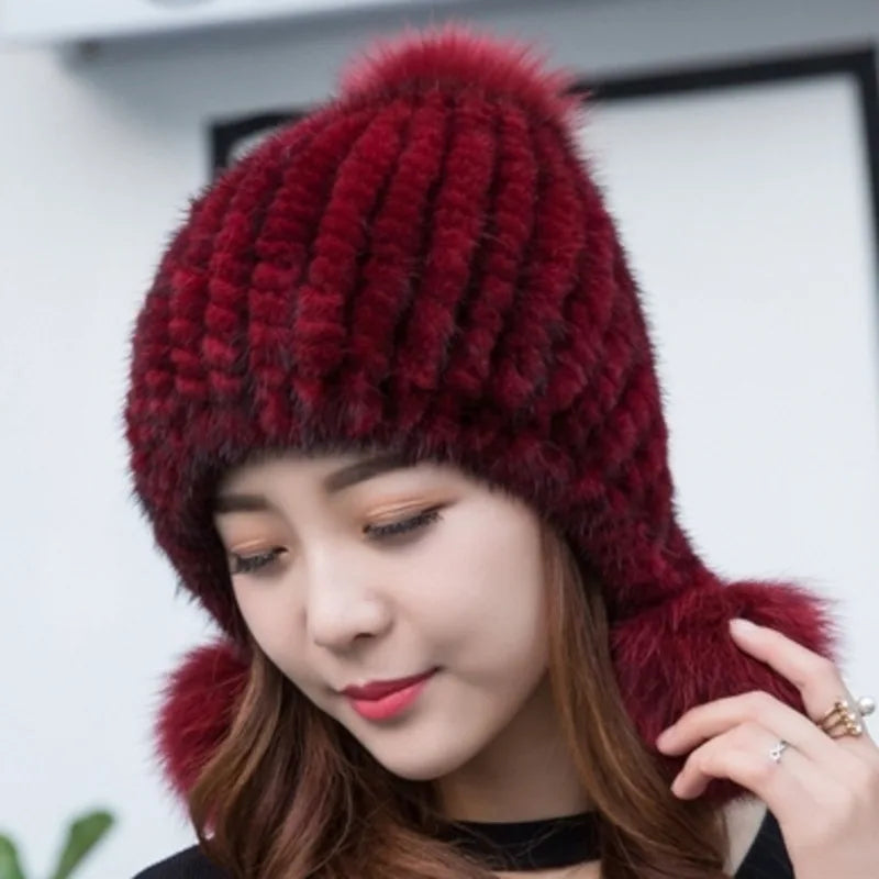 Mink Fur Hat Women Winter Thickened Ear Protection Hat Natural Fur Knitted Caps With Pom Pom Fox Ball Fashion Beanies Fur Hats