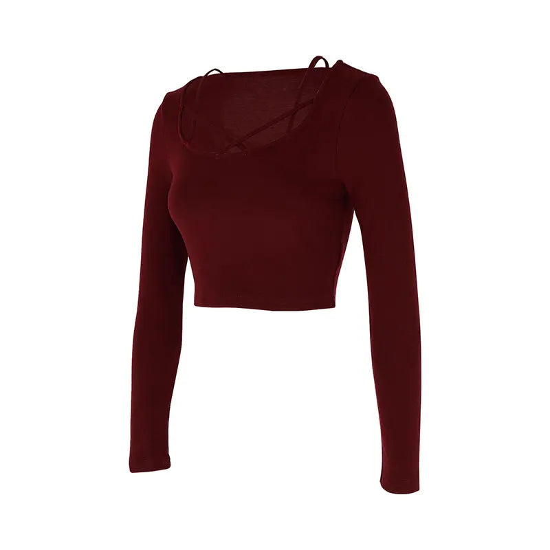 Sexy Wine Red Women's T-shirt   Hollow Out Low Chest Top New Streetwear Fashion Long Sleeves Casual Slim Female Knitted Tees Top