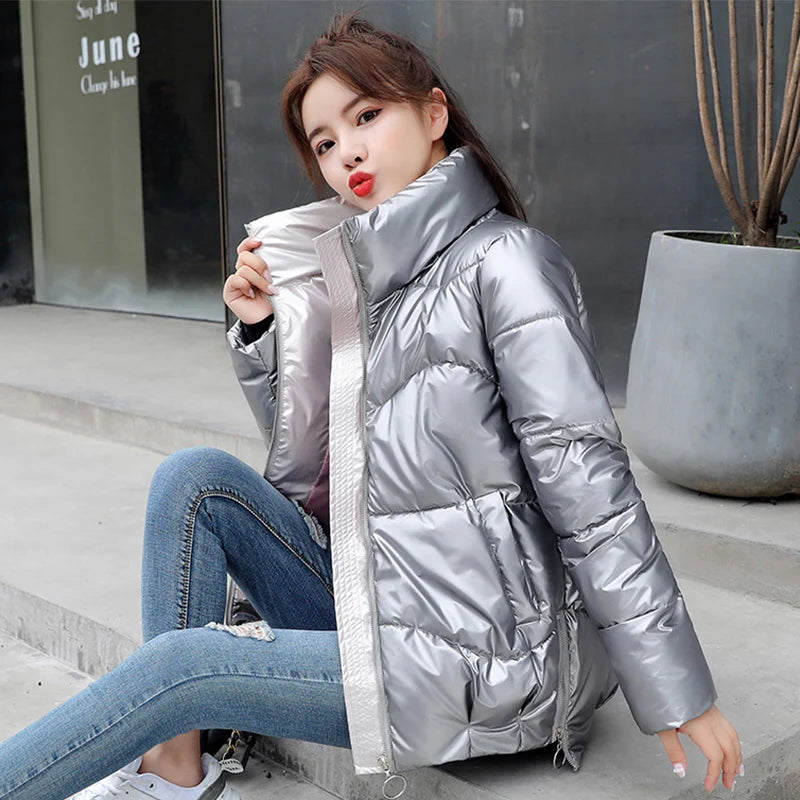 Glossy Down Women's Cotton Jacket Winter Slim Fit Stand Collar Parka Jacket Woman Casual Zipper Up Thick Warm Parkas Mujer