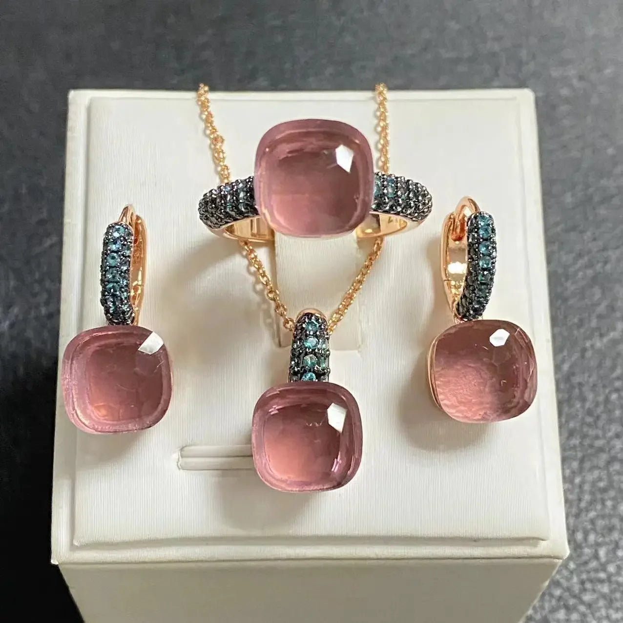 3Pcs Gun Black Plated Blue Zircon Jewelry Set for Women Includes Ring Earrings Necklace Elegant Crystal Blue Topaz Matching Gift