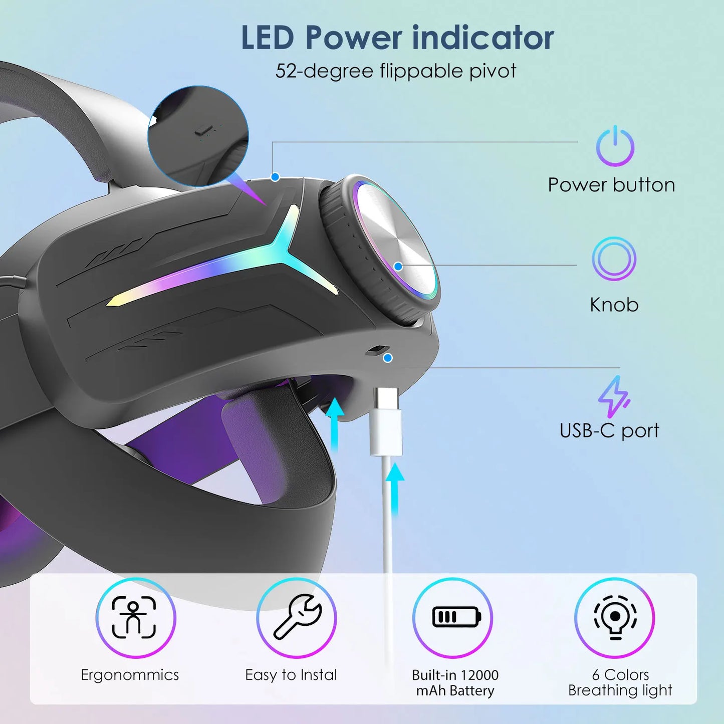 mtomatovr for Meta quest3s/quest3  Battery Head Strap  Extends 4-6 Hours  RGB Light Fast-Charging vr accessory Elite Replacement