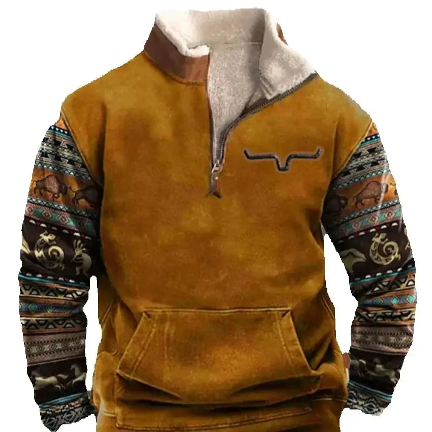 Autumn and winter men's 3D printed outdoor leather Collar hoodie new large size retro style casual zipper jacket sports hoodie