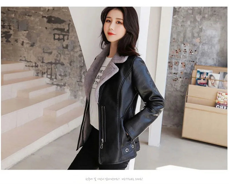 2022 New Winter PU Leather Jacket Women Short Blazers Coat Fleece Double-faced Fur Leather Outerwear Lady Slim Suit Tops Jackets
