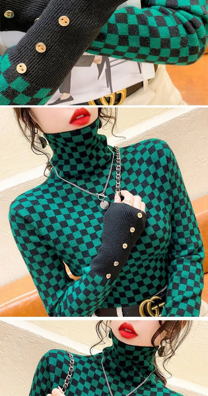 Women's Clothing Elegant Fashion Plaid Knit Pullovers Autumn Winter Vintage All-match Long Sleeve Patchwork Sweater Lady Y2k Top