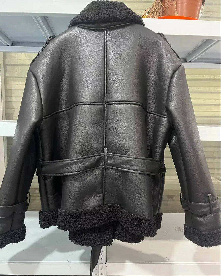 Faux Fur Leather Long Jacket Women Lapel Long Sleeve Belt Thicken Female Coats Winter Fashion Street Patchwork Lady Outwear