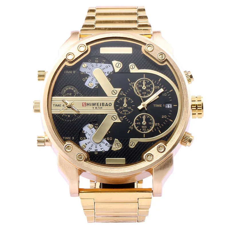 Mens Watches Top Brand Luxury Steel Band Dual Time Watch for Men Large Dial Quartz Wristwatches Relogio Masculino Drop Shipping