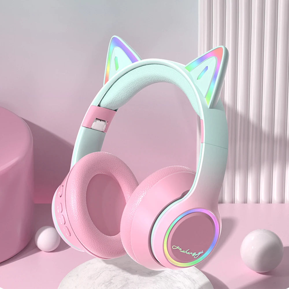 Gradient Wireless Headphones RGB Cat Ear Bluetooth Headphones With Microphone Stereo Music Game Earphone For Girls Kids Gifts