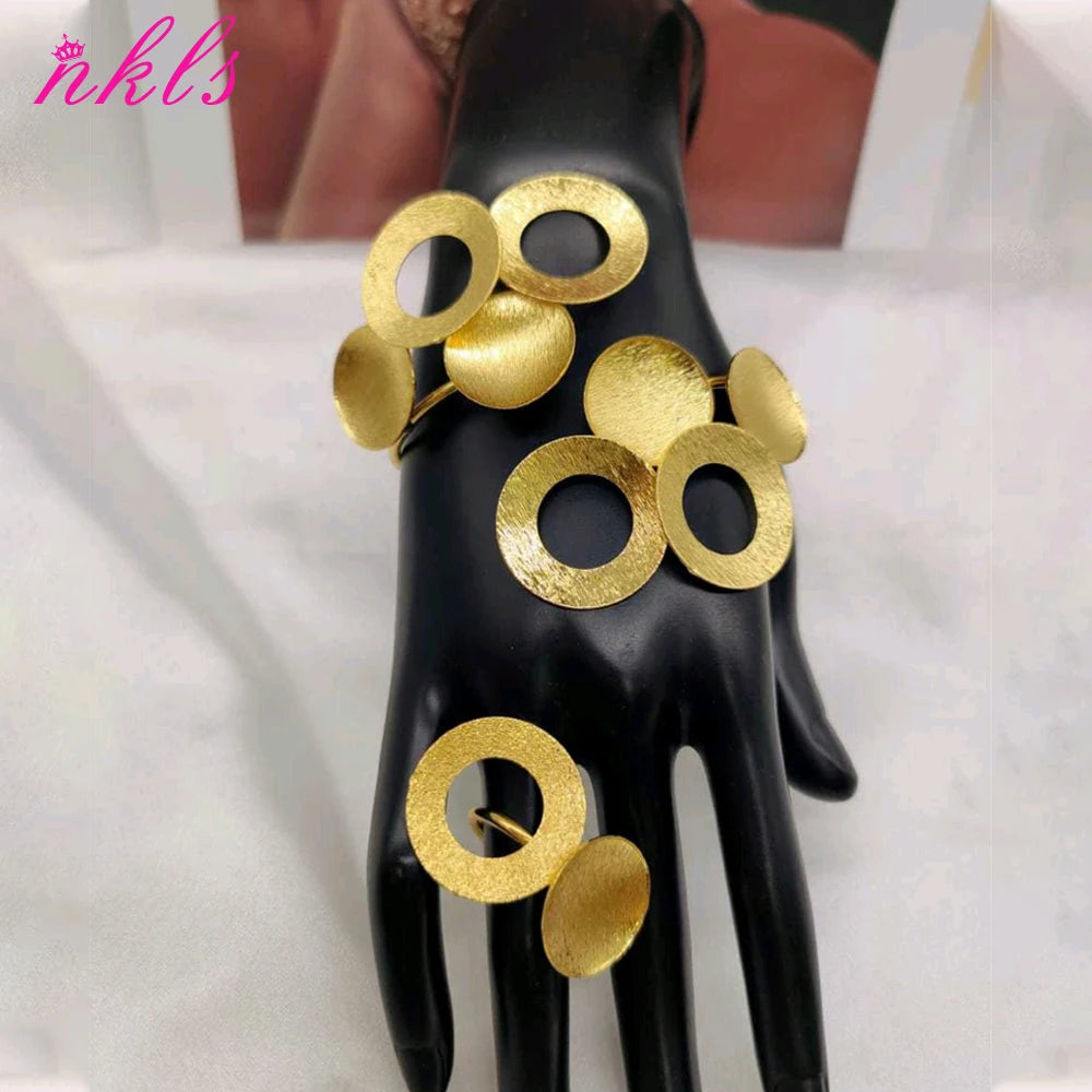 Arab Luxury Gold Plated Bracelet Ring Bold Design Copper Large Bangle Jewelry Set Women Fashion Christmas Gift Wedding Jewelry