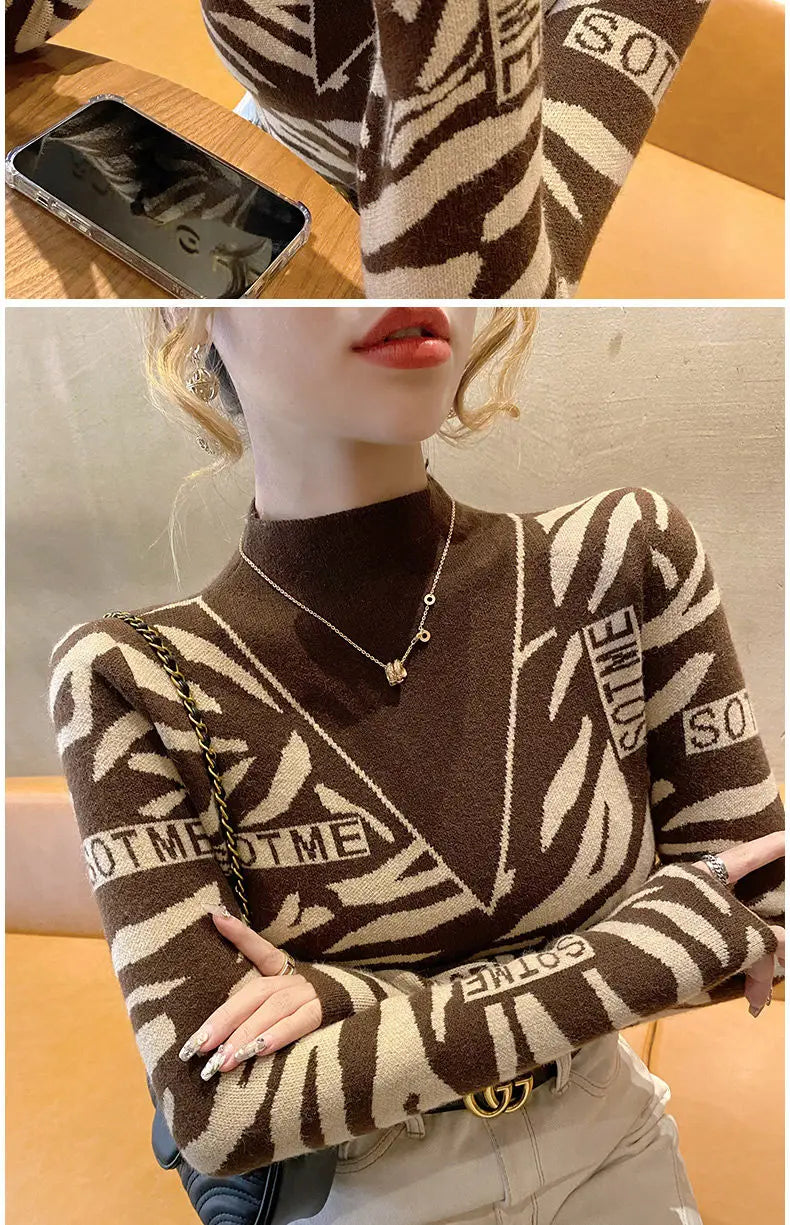 Autumn Office Lady Patchwork Knitting Turtleneck Long Sleeve Pullovers Women Clothes Fashion Letter Slim Top Tee Ladies Sweater