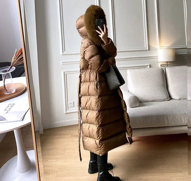 Real Fur Jacket 2024 Winter Women White Duck Down Jackets Ultra Light Warm Long Parkas Fox Fur Collar Female Hooded Snow Coats