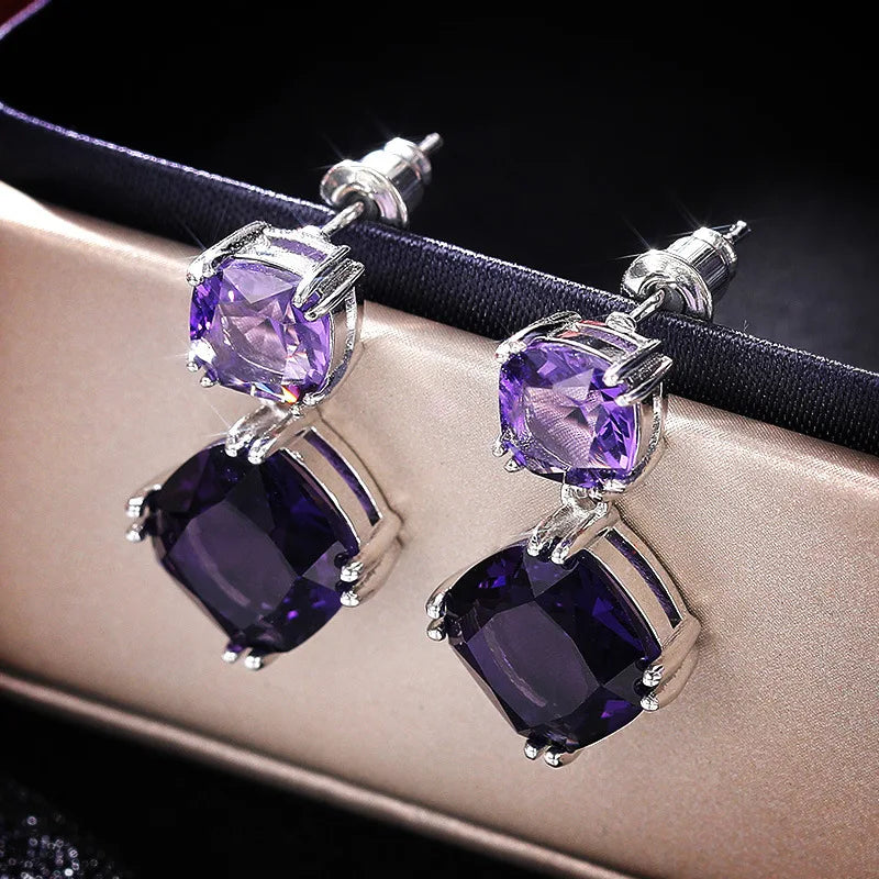 Luxury Square Purple Cubic Zirconia Crystal Earrings  for Women New FashionExquisite Fashion Gold Color Dangle  Wedding Jewelry