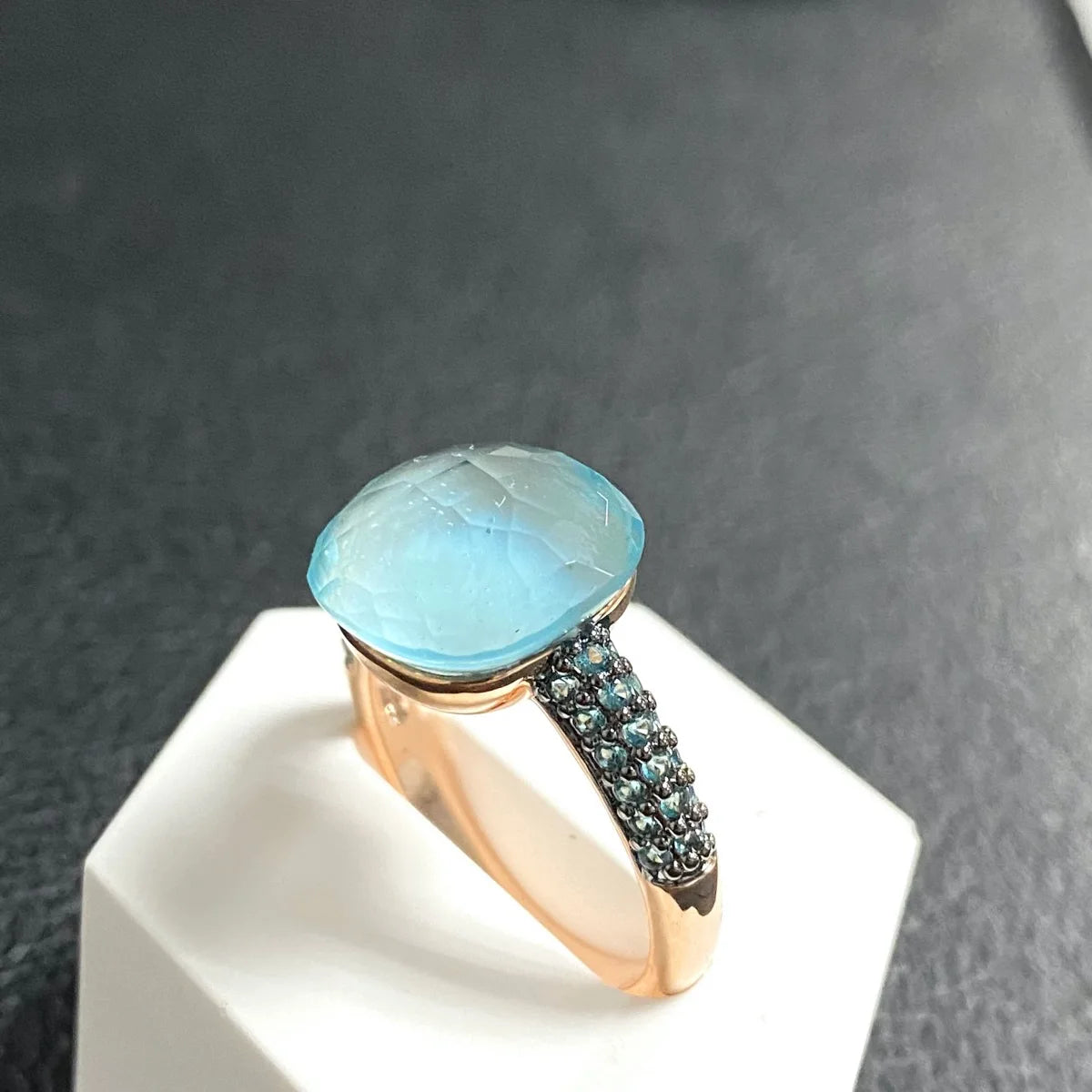 Blue Topaz Ring Inlay Black Zircon With Black Gun Plated 12.6mm Flat Crystal Ring For Women Party Fashion Jewelry Gift