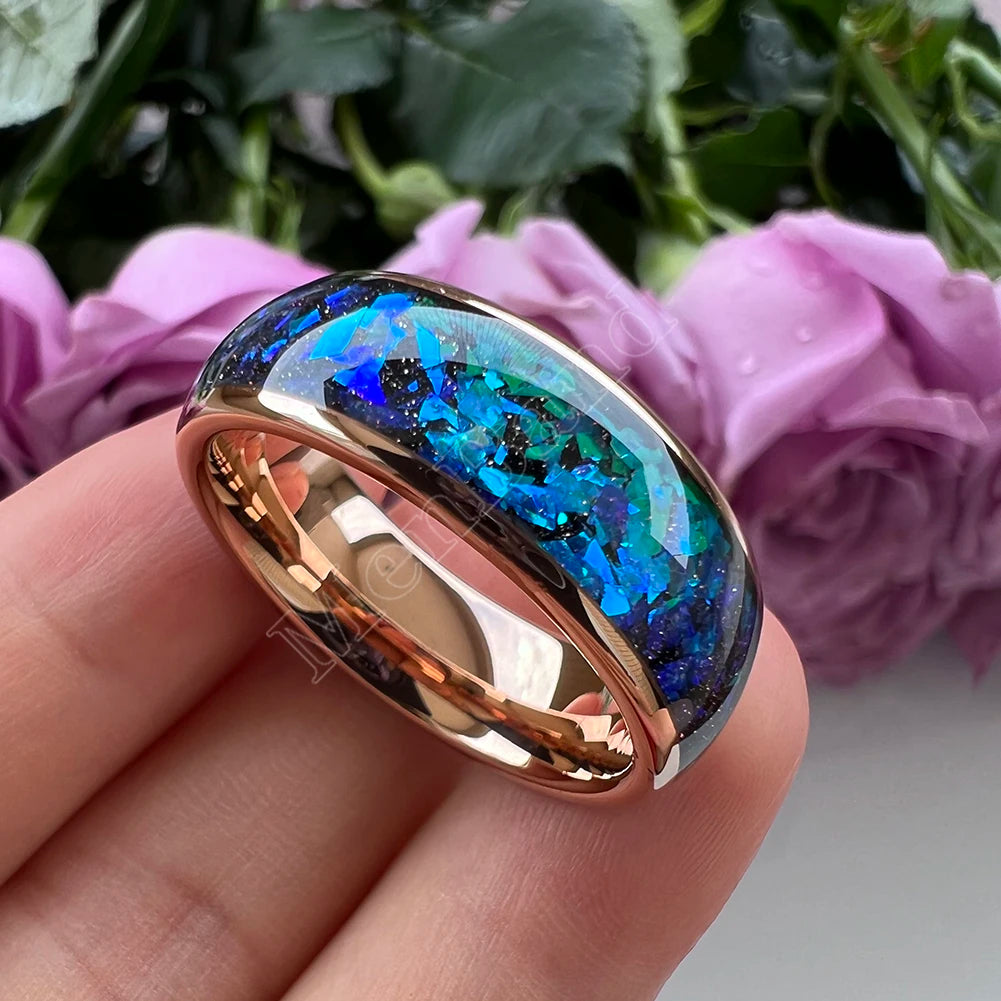 MenBand Fashion New Arrivals 8MM Tungsten Wedding Band Ring Middle Groove Inlaid With Blue Opal Domed Polished Comfort Fit