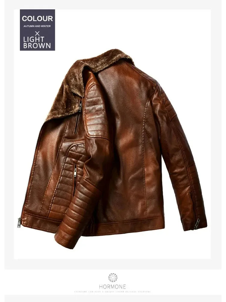 Fashion Warm Winter Mens PU Leather Jacket With Fur Collar Thicken Fleece Motorcycle Coat Casual Faux Leather Locomotive Jacket