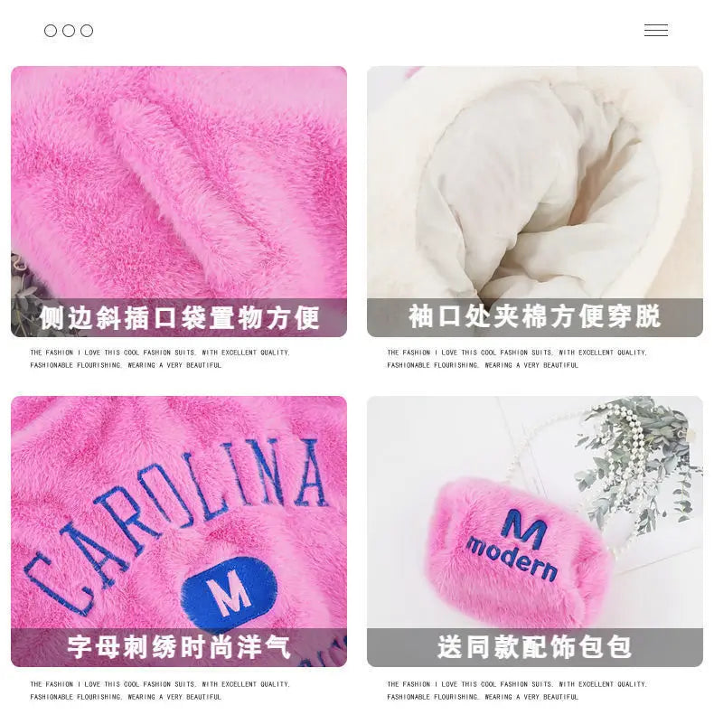 Fake Fur Girls Jacket Winter New Solid Color Letter Print Padded Lining Thick Warm Plush Coats For 5-12Y Kids Fashion Overcoat