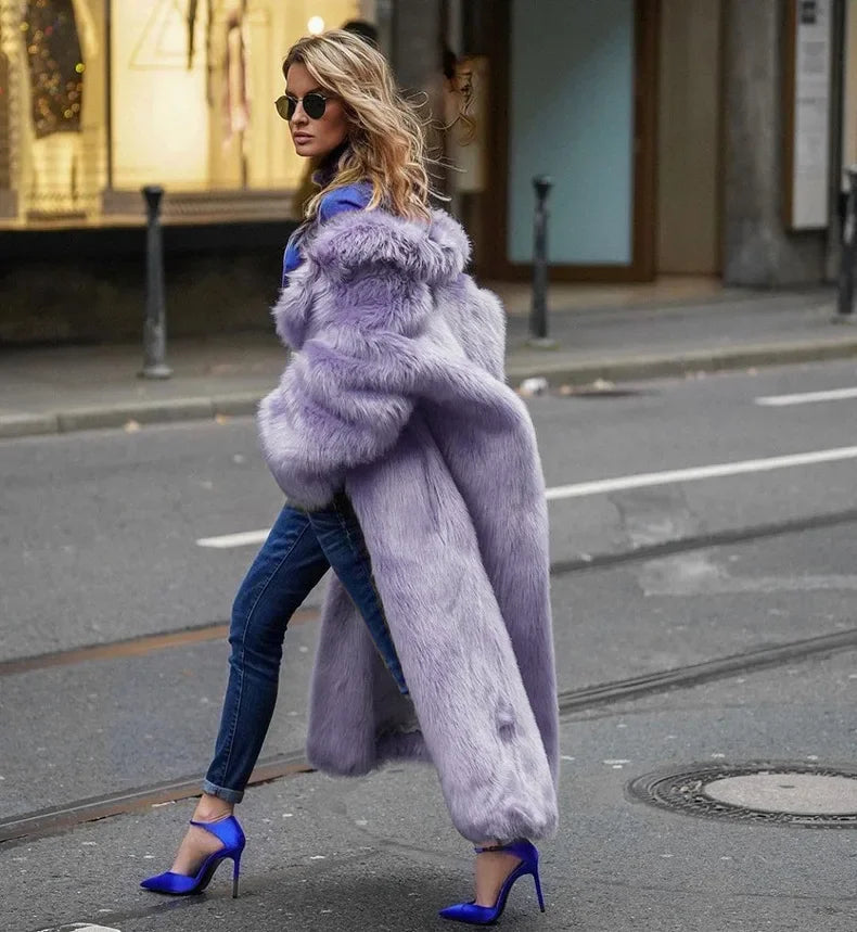 Women  Thick Faux Fur Jacket Colorblock Autumn Winter Maxi Coat Long Warm Luxury Fur  Outerwear