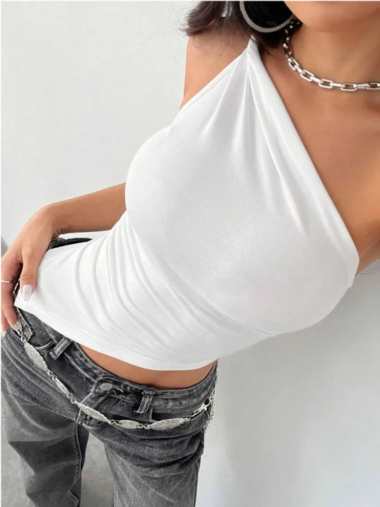 2025 Fashionable Women's Casual T-Shirt Solid Color Single Shoulder Asymmetrical Slim Fit One-Piece Neck Top