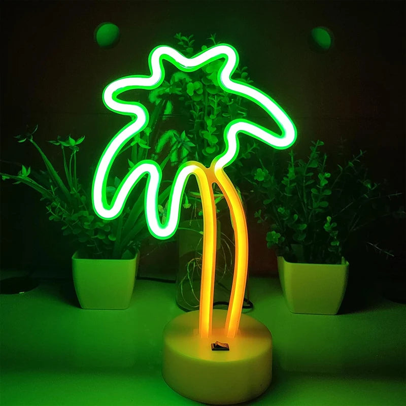 Coconut Palm Tree Neon Signs Light with Holder Base LED Table Lamp Battery/USB Powered Palm for Home Christmas Party Decoration