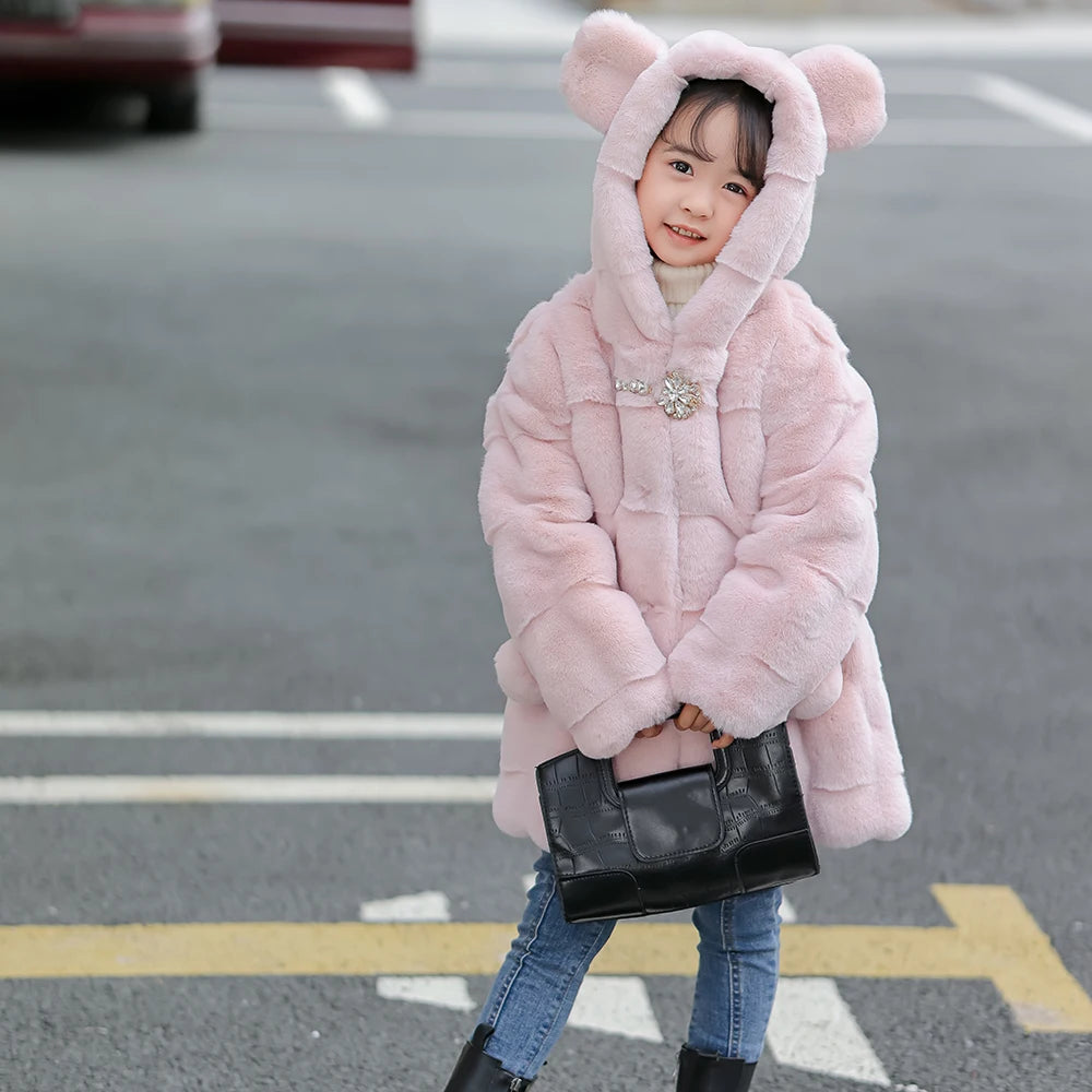 Girls Faux Mink Fur Coat Winter Children Girls Long Sleeve Hooded Christmas Jacket Super Warm  Kids Girls Coat Girls Outerwear
