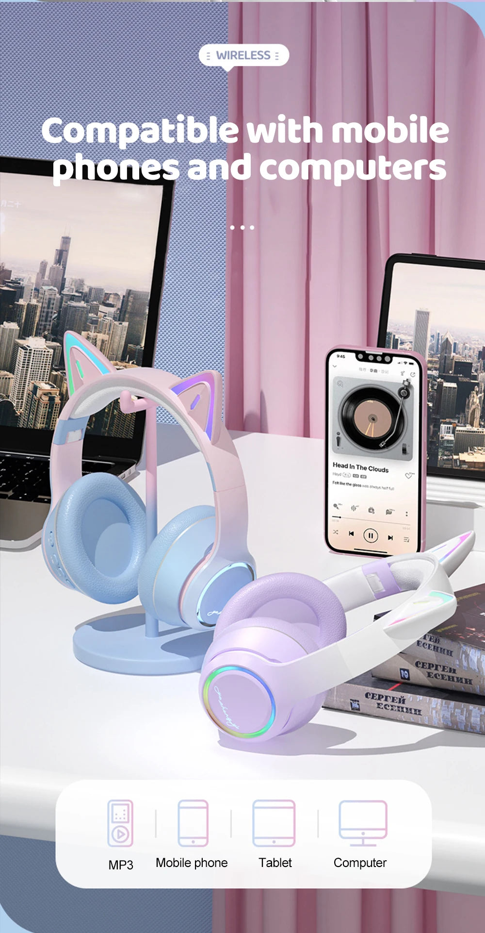 Gradient Wireless Headphones RGB Cat Ear Bluetooth Headphones With Microphone Stereo Music Game Earphone For Girls Kids Gifts