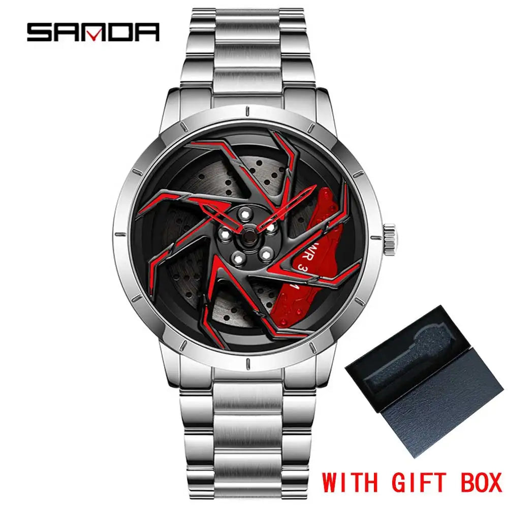 Fashion Hot Sell Car Rim Men Watches Stainless Steel Waterproof Sport Watch 360 Degree Rotating Wheel Rim Dial Quartz Wristwatch