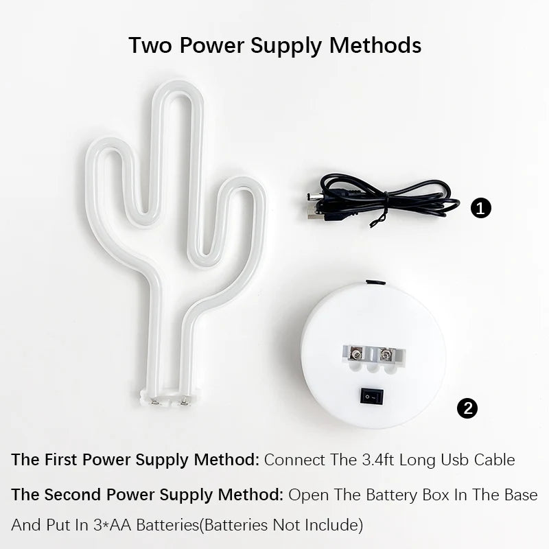 Cute Cactus Neon Sign Lights Battery & USB Powered LED Table Lamp for Party Birthday Gift Living Room Camping Summer Home Decor