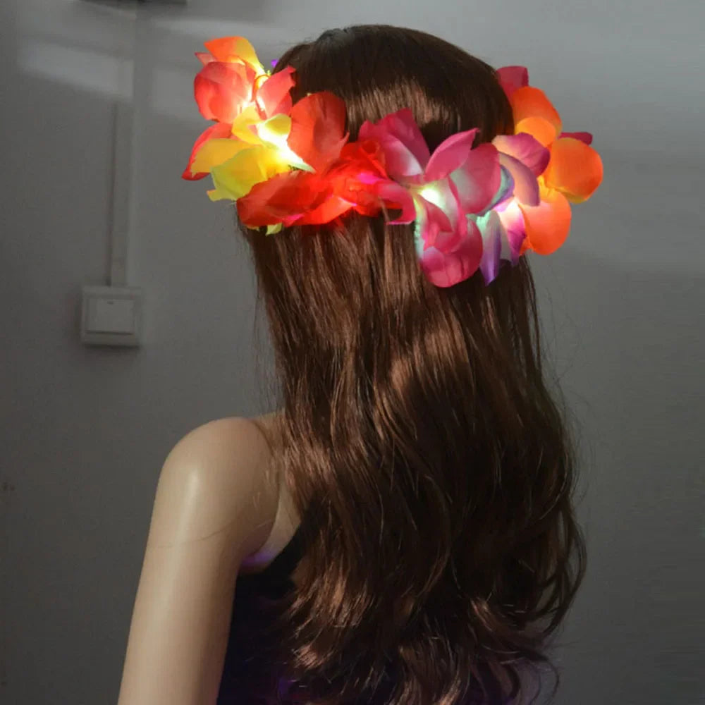 1pcs Women Girl LED Hawaii Hawaiian Lei Headband Glow Light Up Bridesmaids Bridal Flower Crown Wreath Birthday Wedding Party