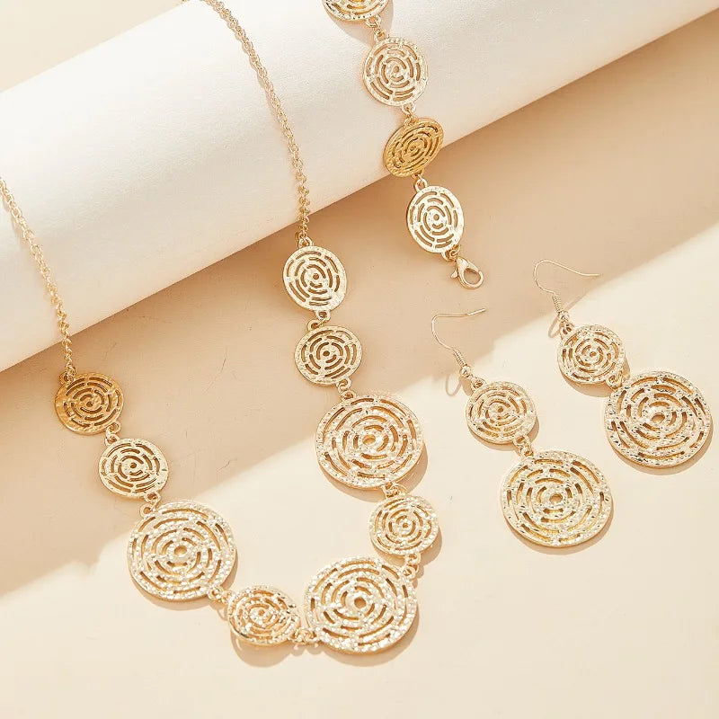 Simple Fashion Creative Line Round Retro Elegant Earrings Necklace Bracelet Set for Women's Holiday Party Jewelry Gift