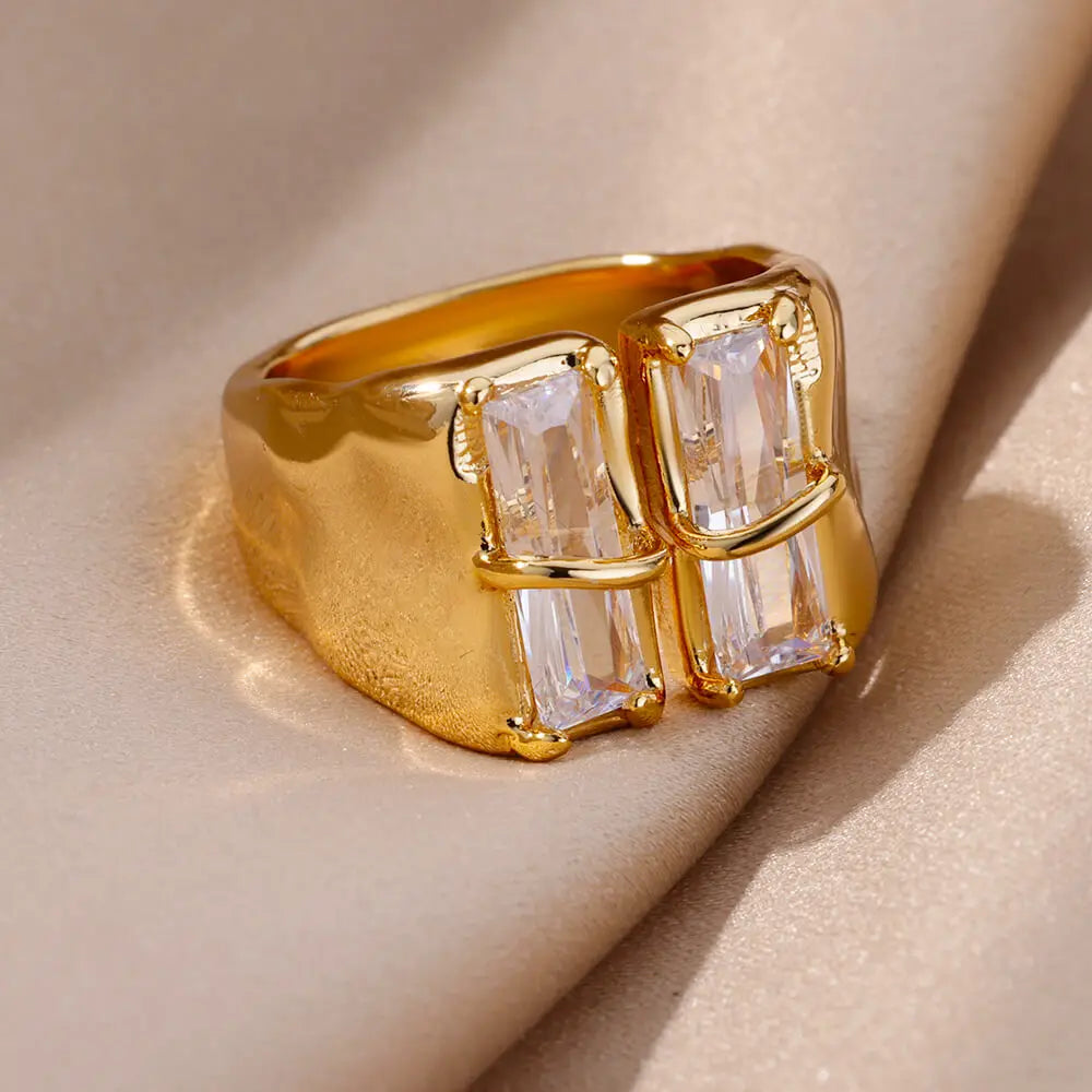 Irregular Square Zircon Ring For Women Stainless Steel Gold Plated Opening Ring Wedding Party Fashion Jewerly Gift Free Shipping