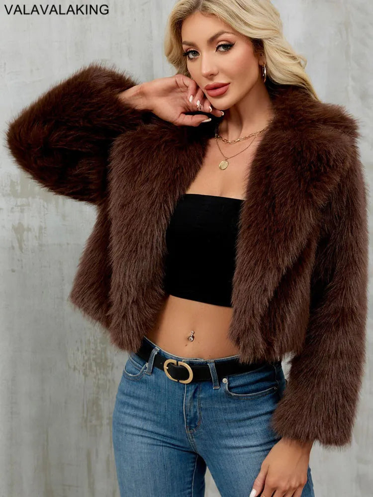 2025 Female Winter Brown Faux Fur Coat For Women Casual Long Sleeve Fluffy Plush Jacket Lady Solid Thick Fake Fur Warm Cardigan