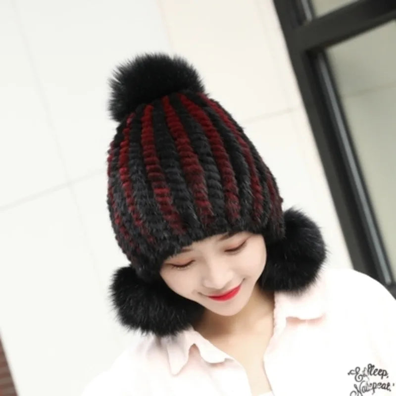 Mink Fur Hat Women Winter Thickened Ear Protection Hat Natural Fur Knitted Caps With Pom Pom Fox Ball Fashion Beanies Fur Hats