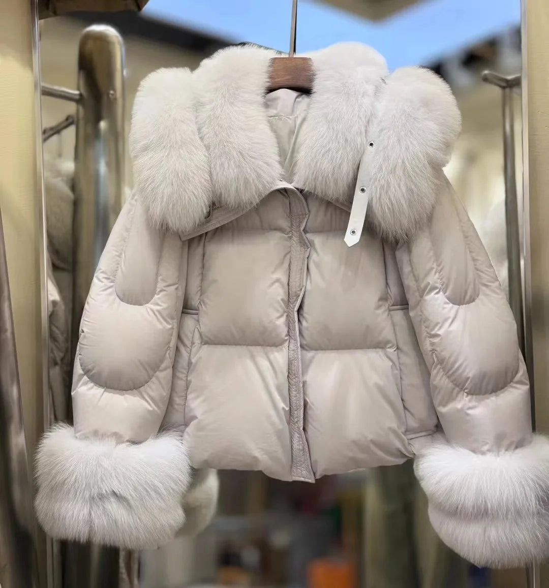 Natural Fox Fur Jacket Fashion Women Winter Luxury White Goose Down Jacket Thicken Female Casual Parkas Fur Collar Puffer Coat