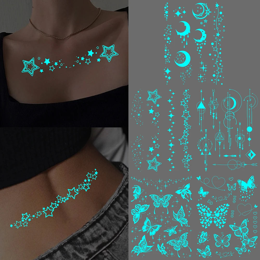 5pcs Blue Luminous Glow Waterproof Temporary Tattoo Sticker Line Star Butterfly Flash Tatto Women Men Arm Body Art Fake Tattoos