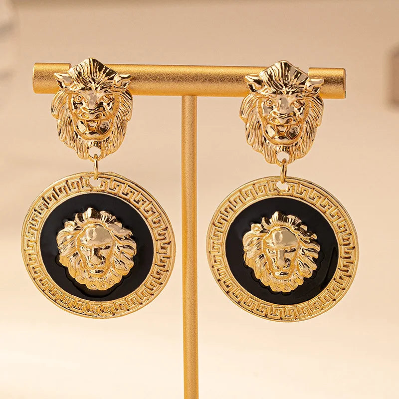 Stud Earrings For Women Vintage Lion Head Glass Geometric Party Gift OL Holiday Fashion Jewelry Ear Accessories CE150