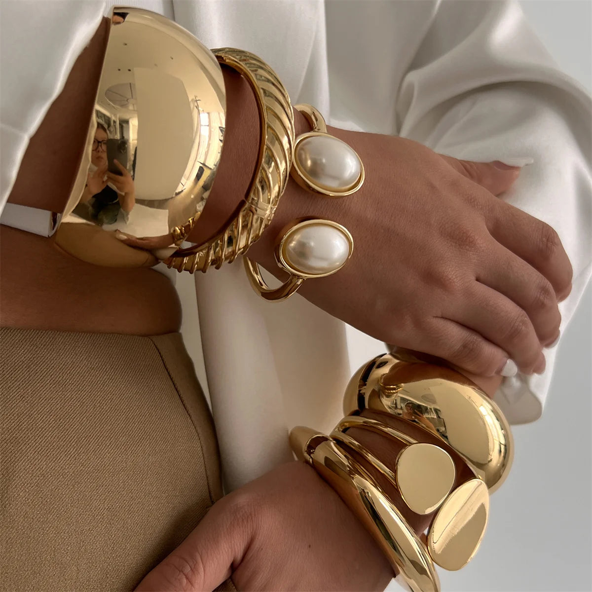 Ingemark Exaggerated Punk Smooth Heavy Metal Chunky Spring Bangles Women Hip Hop Gold Color Arm Bracelet Steampunk Men Jewelry