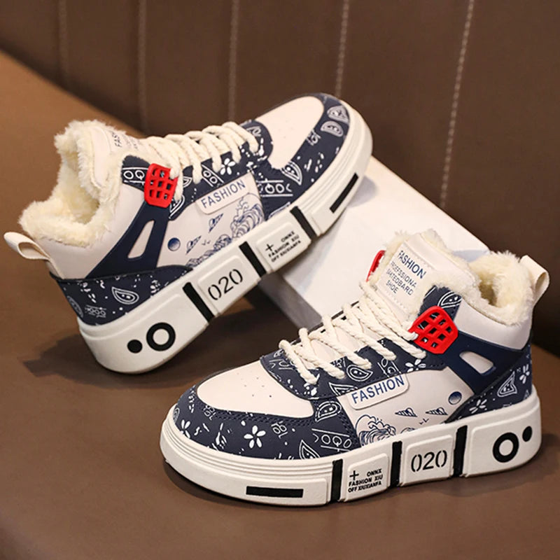 Kids Sneakers Winter Warm Plush Walking Shoes High-top Comfortable Fashion Casual Flat Tennis Shoes Childrens Boots for Boy