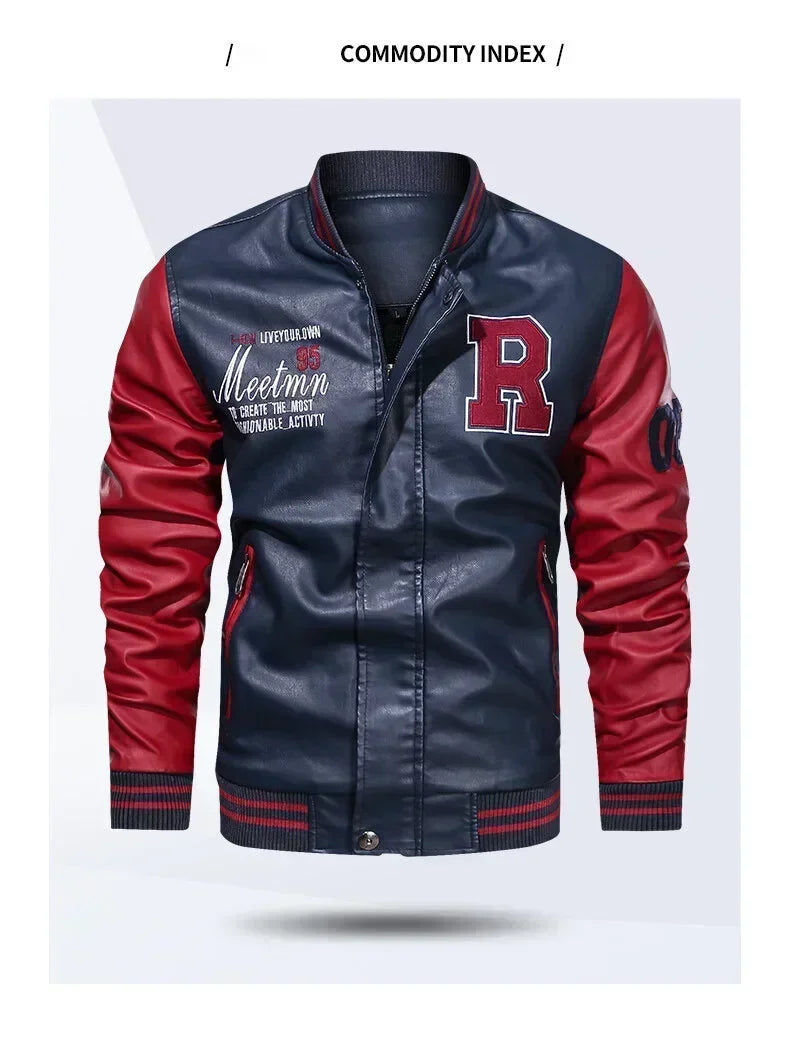 Men's American Leather Baseball Jacket Casual Color Block PU Pilot Coat Spring Autumn Leather Jacket Motorcycle Suit Jackets Men