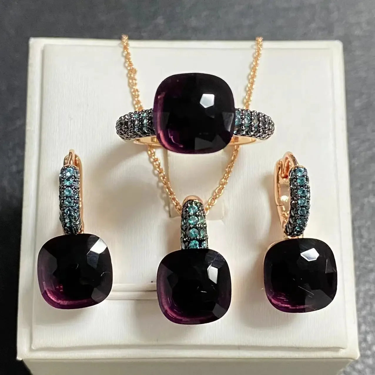 3Pcs Gun Black Plated Blue Zircon Jewelry Set for Women Includes Ring Earrings Necklace Elegant Crystal Blue Topaz Matching Gift