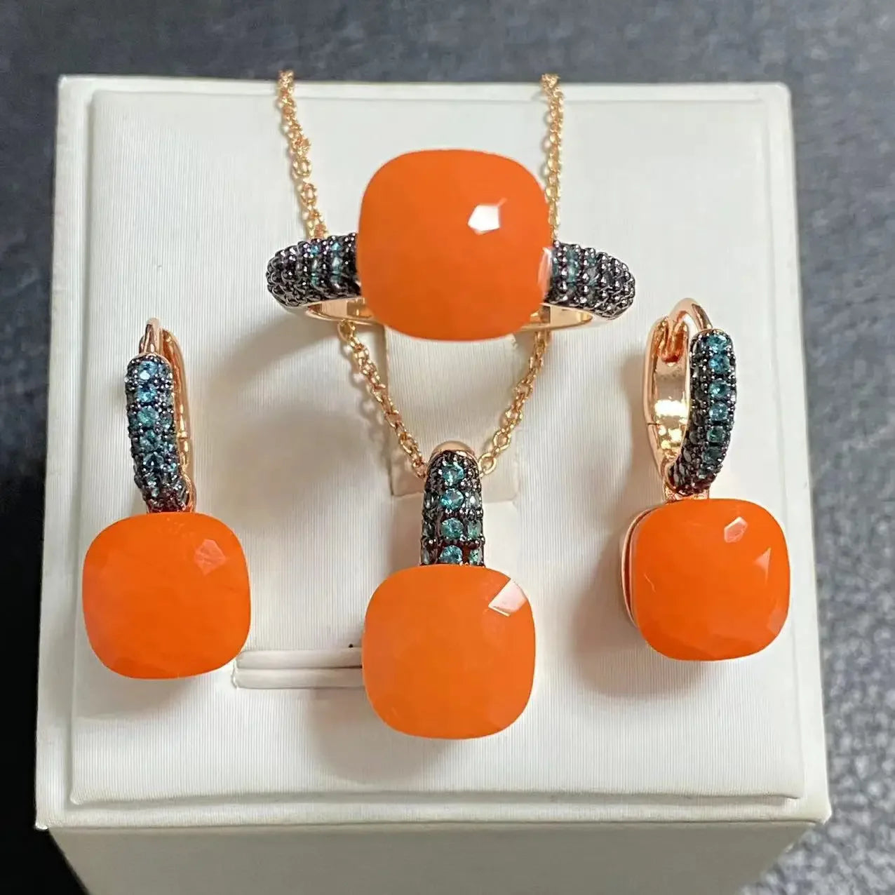 3Pcs Gun Black Plated Blue Zircon Jewelry Set for Women Includes Ring Earrings Necklace Elegant Crystal Blue Topaz Matching Gift