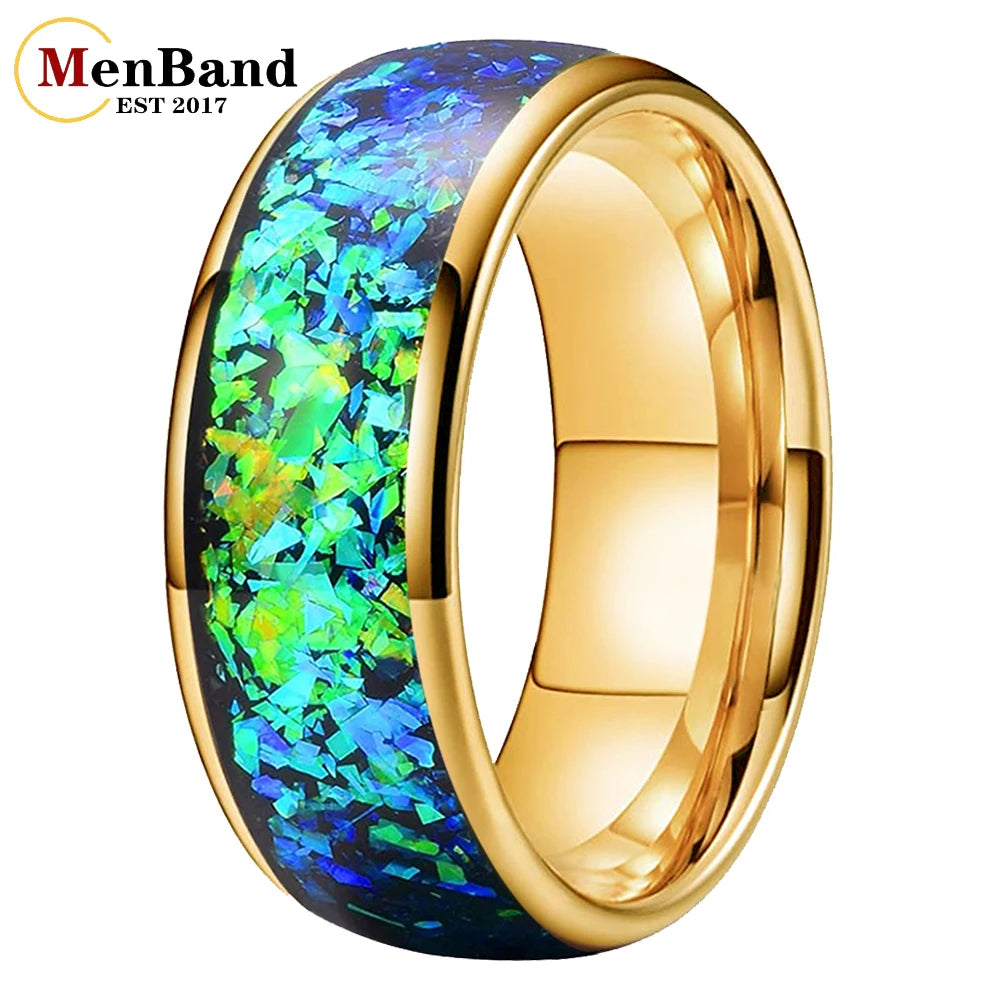 MenBand Fashion New Arrivals 8MM Tungsten Wedding Band Ring Middle Groove Inlaid With Blue Opal Domed Polished Comfort Fit
