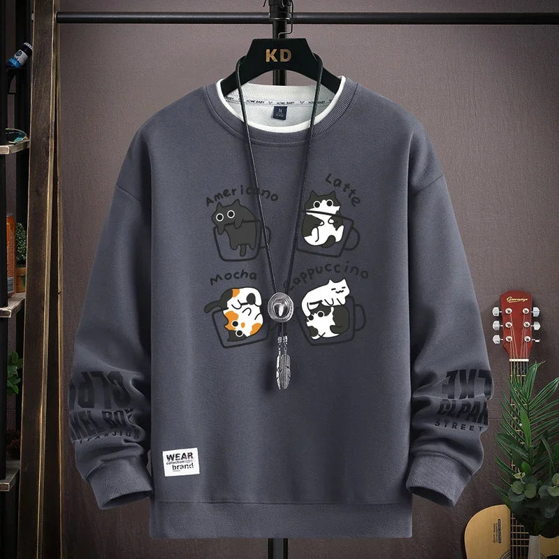 Spring Men's Sweatshirt Japan Cartoon Cats Printed Long Sleeve T-shirt Fashion Men's Clothing Khaki O Neck Harajuku Top 2024 New