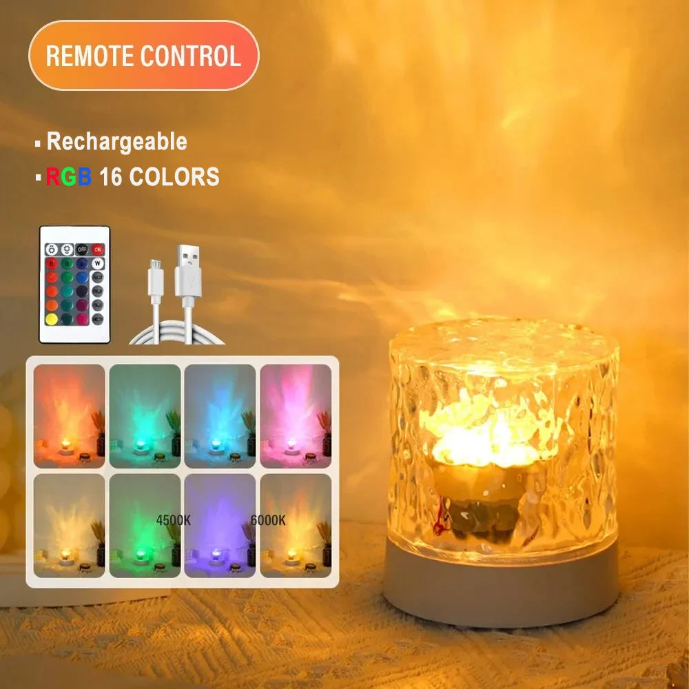 Rechargeable 16 Color LED Water Ripple Projector Night Light Remote Control Bedroom Ambient Lamp RGB Dimmable Crystal Table Lamp