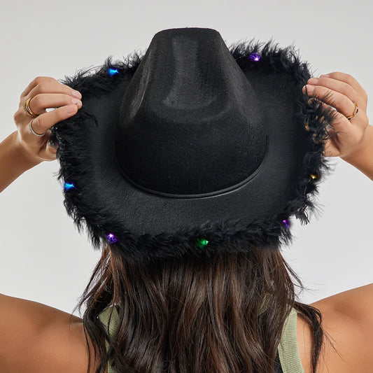 2024 New Felt Party Hats Fashion Cowboy Hat with Colorful LED Light Fun Party Disco Pink Cowgirl Hat for Women Men